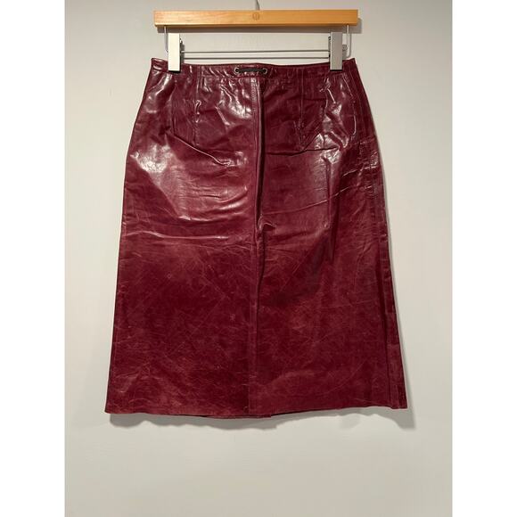Banana Republic Burgundy Leather Skirt Knee Length Lined w Tie Belt Size 4 JL - Picture 7 of 11